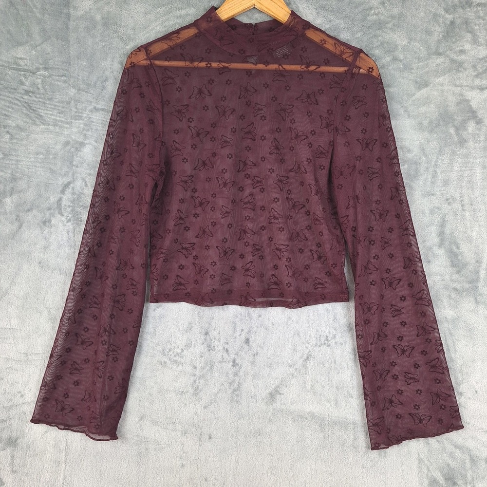 Womens Top Medium Sheer Flare Sleeve Fairy Festival Velvet Burnout Butterfly Y2K